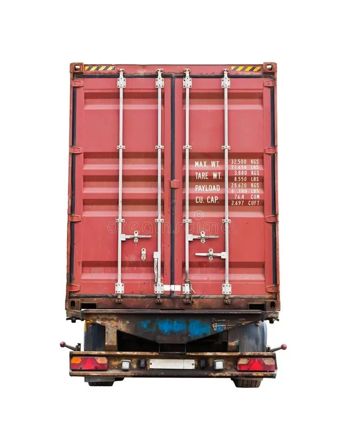 Rear of a red shipping container on a truck chassis against a white background