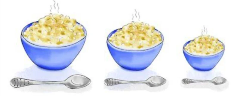 Illustration of three steaming bowls of porridge in decreasing sizes, each with a spoon