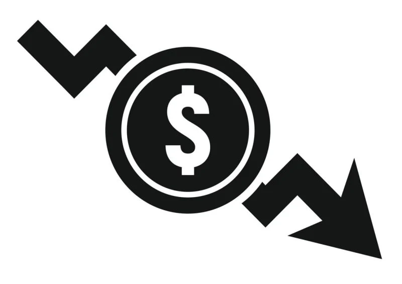 Black icon of a dollar coin between two jagged downward arrows, representing falling costs