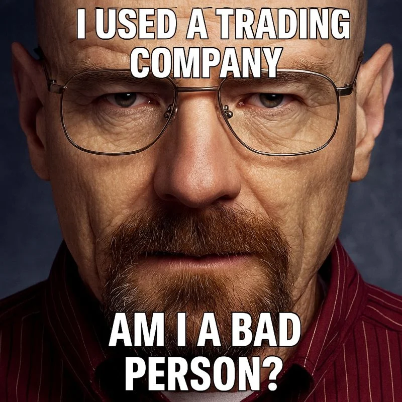 Close-up of a bald man with glasses and a goatee, captioned I used a trading company, am I a bad person?