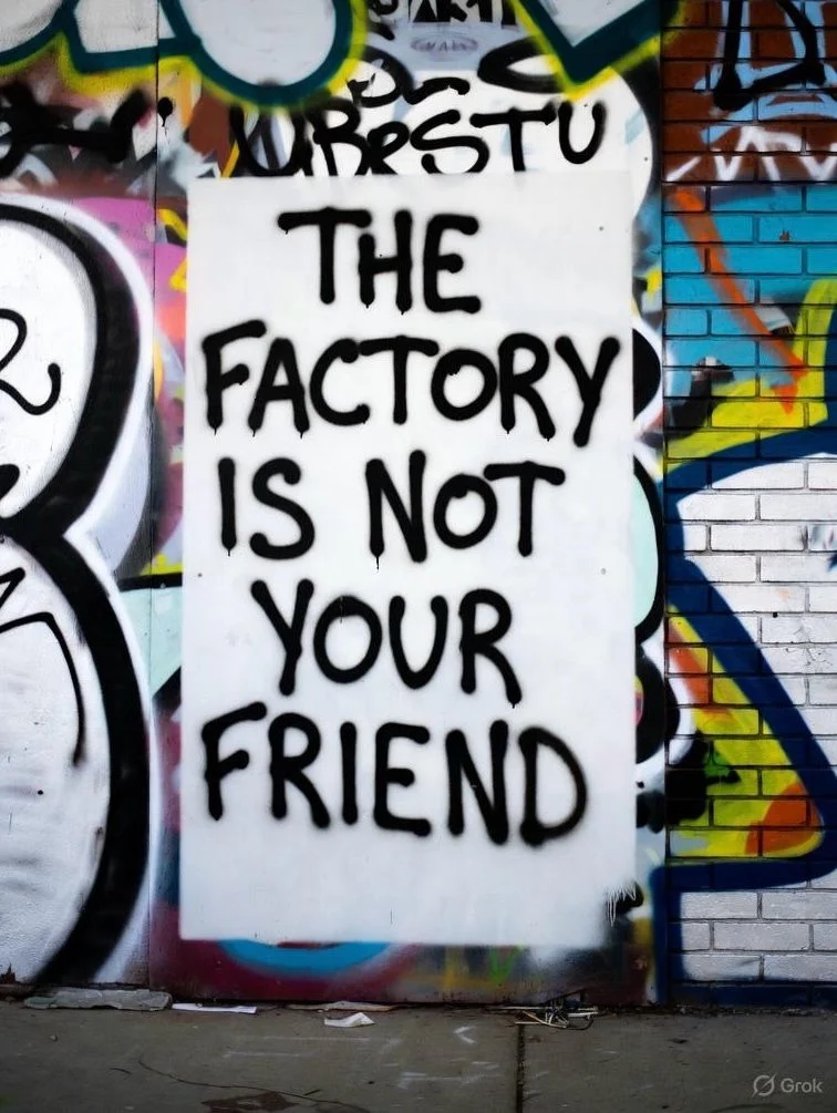 Graffiti wall with a white poster reading The Factory Is Not Your Friend