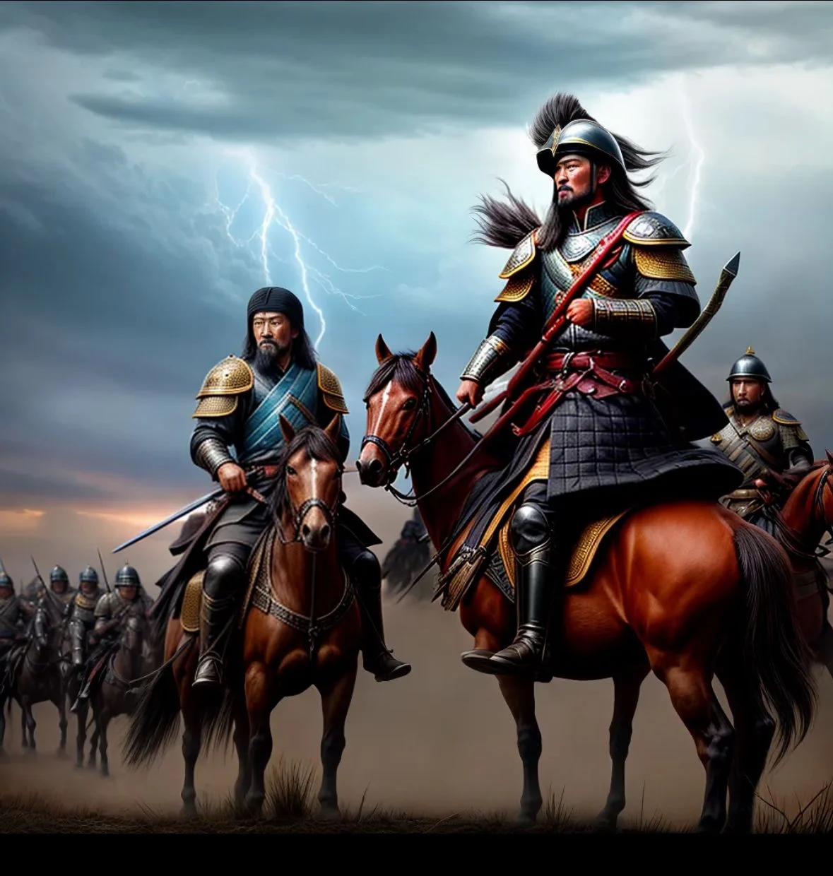 Illustration of Mongol warriors on horseback under a stormy sky with lightning